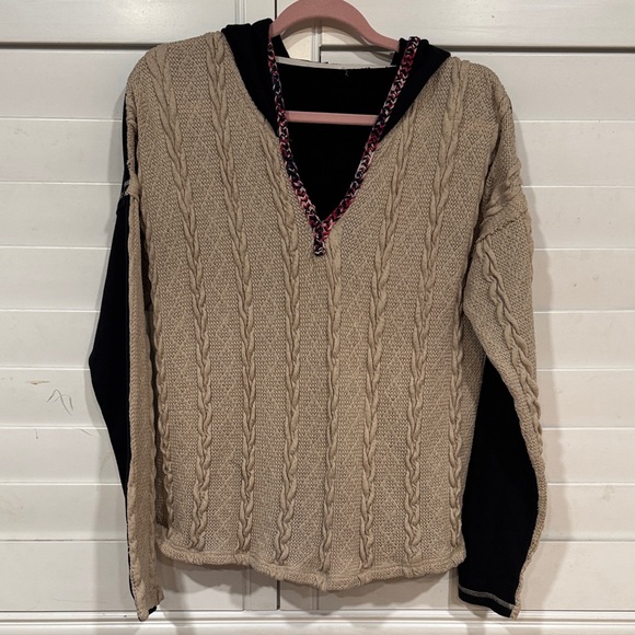 Beige Cable Knit Sweater with Black Hood - Picture 1 of 9